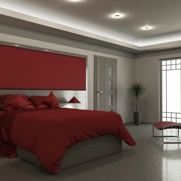 3D render of a modern bedroom interior with contemporary furnishings